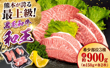 熊本県産 A5等級 黒毛和牛 和王 希少部位 ステーキ(ハネシタ・ミスジ・イチボ)各約150g×2 計約900g ステーキステーキステーキステーキステーキ [AYCH013]