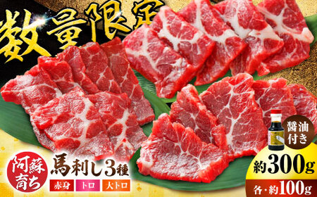 [数量限定]阿蘇馬 馬刺し3種霜降り入(赤身・大トロ・トロ)約300g(専用醤油付き 150ml×1本)赤身馬刺し 霜降り馬刺し 熊本馬刺し 馬刺し堪能 [阿蘇牧場][AYBX072]