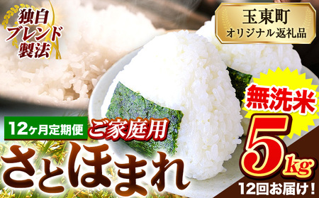 【12ヶ月定期便】熊本県産 さとほまれ 無洗米 ご家庭用 定期便 5kg 《申込み翌月から発送》熊本県 玉名郡 玉東町 米 こめ コメ ブレンド米 送料無料｜人気米 熊本県産米 お米 生活応援米