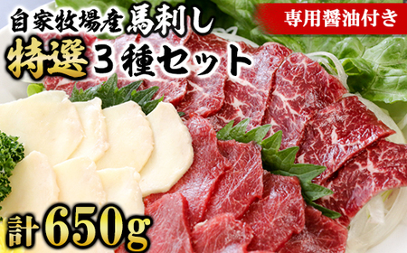 [熊本名物]自家牧場産 馬刺し特選3種セット 特選霜降り360g 赤身240g たてがみ50g(専用醤油付き)