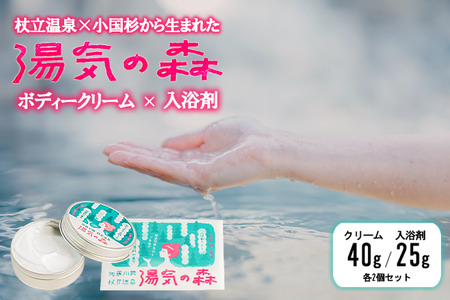 【杖立温泉旅館組合】湯気の森 ボディクリーム 40g 入浴剤 25g 各2個 セット 杖立温泉 小国杉 温泉成分 精油 地元素材 しっとり 滑らか 保湿 企画開発 地場産品 ご自宅用 ギフト 贈答 贈り物 熊本 阿蘇 小国町