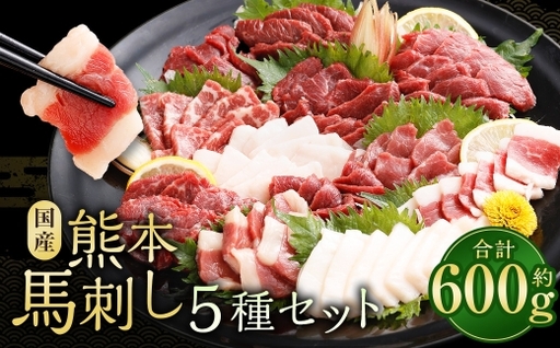 国産熊本馬刺し 5種 ( 赤身、 上赤身、 霜降り、 たてがみ、 ふたえご ) 計約600g 馬肉 刺身 グルメ 生食 冷凍 旨味 馬刺し お肉 肉 にく ニク 馬 おつまみ 国産 熊本県産 濃厚