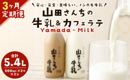 [3ヶ月定期便]山田さんちの牛乳・カフェラテ2本セット 900ml×2本 計3回 合計5.4L ノンホモ牛乳