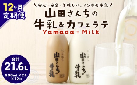 [12ヶ月定期便]山田さんちの牛乳・カフェラテ2本セット 900ml×2本 計12回 合計21.6L ノンホモ牛乳 カフェラテ