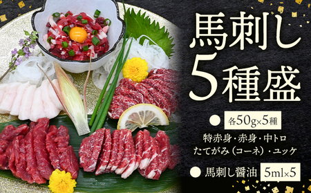 馬刺し5種盛 50g×5・特赤身・赤身・中トロ・たてがみ(コーネ)・ユッケ馬刺し醤油(5ml×5) 株式会社ドクタージュ[30日以内に出荷予定(土日祝除く)]熊本県 南阿蘇村 熊本県産 熊本 馬刺し 赤身 送料無料