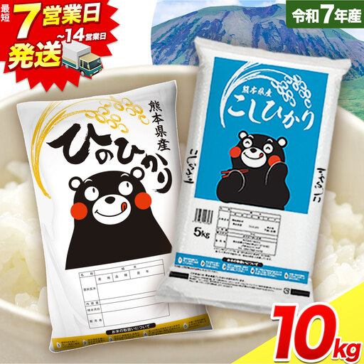 令和7年産 米 無洗米 ひのひかりこしひかり 食べ比べ 10kg[7-14日以内に出荷(土日祝除く)] 白米 精米 無洗米 熊本県産(南阿蘇村産含む) 単一原料米 南阿蘇村 ひの こし 送料無料 熊本県 SDGs 米 コメ こめ 国産