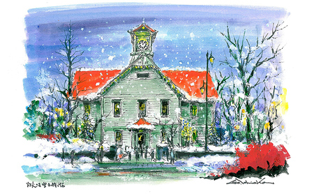 石岡剛 (洋画家)が描く 北海道 風景 アクリル画「灯火さす雪の時計台」 芦別市