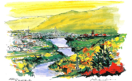 石岡剛 (洋画家)が描く 北海道 風景 アクリル画「上金剛山より星の降る里大橋を望む」 芦別市