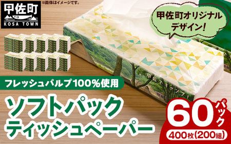 ティッシュペーパーソフトパック　４００枚（２００組）６０パック - ソフトパック ティッシュ ペーパー 生活用品 雑貨 日用品 必需品 紙 常備品 まとめ買い 備蓄 防災 ストック 熊本県 甲佐町