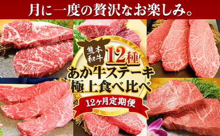 [12ヶ月定期便]あか牛 ステーキ 12種 極上 食べ比べ 定期便 12回[お申込み月の翌月から出荷開始]有限会社 三協畜産 サーロイン ランプ 肩ロース イチボ 三角バラ カイノミ ミスジ クリミ ザブトン シャトーブリアン リブロース モモ あか牛のたれ付き