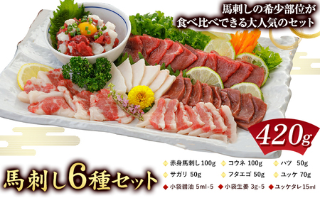 馬刺し 6種 セット 420g 醤油 タレ 付き 津奈木町(阿蘇牧場) [30日以内に出荷予定(土日祝除く)]熊本県 葦北郡 津奈木町 送料無料 肉 馬肉 馬さし 赤身 タテガミ ハツ サガリ フタエゴ ユッケ