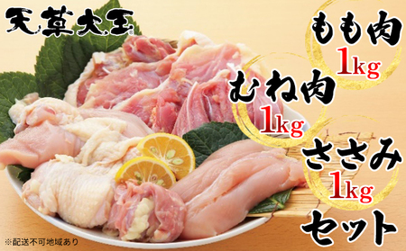 鶏肉 もも 水炊き 鍋 やきとり 天草大王 3種 セット もも肉 むね肉 ささみ 各1kg 配送不可:離島