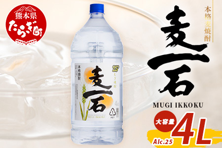 [ 年内お届け ]メガボトル! 純 麦焼酎[麦一石]4L エコペット 25度 [2024年12月18日〜28日発送] 焼酎 蔵元直送 4リットル パーティサイズ 麦 酒 麹 焼酎 大容量 熊本 球磨 多良木町 040