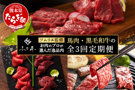 [定期便3回]お肉ソムリエ監修 馬肉・黒毛和牛 定期便 熊本県 ( 馬刺し 食べ比べ / くまもと黒毛和牛 焼肉 / 馬刺し赤身食べ比べ ) ソムリエ セレクト 本場 熊本県 馬肉 牛肉 肉 ヘルシー くまもと