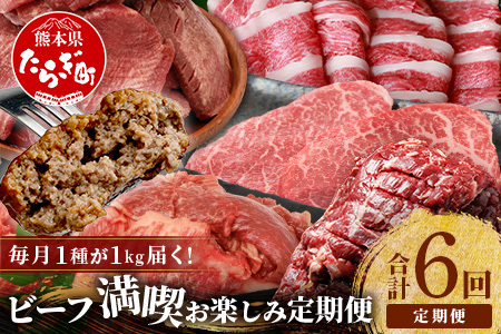[定期便6回] 1kg×6回! くまもと ビーフ 満喫 お楽しみ定期便[合計6.2kg] 熊本 あか牛 / 牛タン / 黒毛和牛 モモステーキ /あか牛 スジ / ハラミ / 黒毛和牛 ハンバーグ 牛肉 ブランド牛 バラエティ 