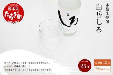 [定期便 年12回] 本格 米焼酎 「白岳しろ」 25度 720ml 6本 セット (年12回/毎月) [ 熊本県 球磨 多良木 高橋酒造 減圧蒸留 お湯割り 水割り 定期配送 米焼酎 本格 人気焼酎 焼酎セット 6本 球磨焼酎 