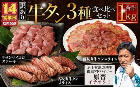 [訳あり]牛タン 3種 食べ比べセット 計1kg (厚切り牛タンスライス 300g 牛タンサイコロステーキ 400g 薄切り牛タンスライス 300g) 厚切り 薄切り ステーキ 外国産 牛タン 肉 BBQ 焼肉 熊本県 水上村