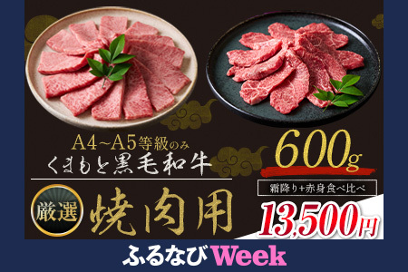 [ふるなびWEEK対象]くまもと黒毛和牛 A4〜A5等級厳選 焼肉用 赤身×霜降り食べ比べセット 600g FN-Limited-PR