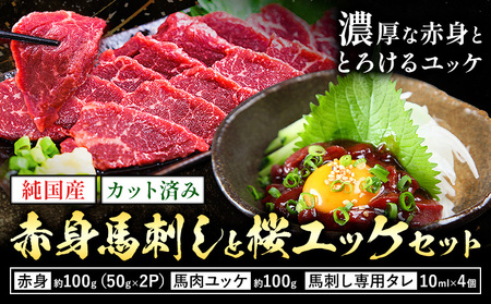 純国産 カット済 赤身 馬刺し と 桜ユッケ セット 約200g 馬刺し専用タレ付き 株式会社ワンエイト[30日以内に出荷予定(土日祝除く)]熊本県 苓北町 国産 赤身 ユッケ 馬肉 まな板不要 カット済み お手軽 タレ付き[配送不可地域あり]