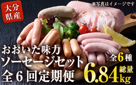 [定期便・全6回(連続)]おおいた 味力 ソーセージ セット(総量6.84kg) ウィンナー ベーコン 定期便 国産 冷凍 豚肉 鳥肉 詰め合わせ 惣菜 おかず お弁当 粗挽き あらびき 大分県 佐伯市[DP80][株式会社まるひで]