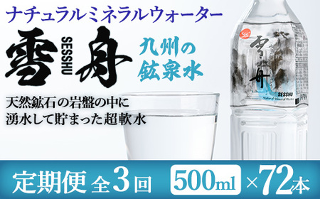 [定期便・全3回(毎月)]ナチュラル ミネラル ウォーター 雪舟 (総量72本・500ml×24本×3回) 定期便 国産 鉱泉水 お水 ドリンク 大自然 天然 料理 健康 維持 防災 常温 保存 3回[HD249][さいき本舗 城下堂]