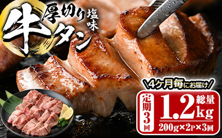 [定期便・全3回 (4か月ごとの発送)]厚切り 塩味 牛タン (総量1.2kg) 定期便 小分け 牛肉 肉 タン 牛たん 味付け 焼肉 塩 BBQ 冷凍 大分県 佐伯市[DH315][ネクサ]