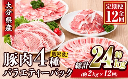 ＜定期便・全12回 (連続)＞豚肉 バラエティーパック (総量24kg・4種) 小分け 豚バラ スライス とんかつ ロース 豚こま しゃぶしゃぶ 鍋 大分県 佐伯市【BD210】【西日本畜産 (株)】