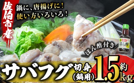 サバフグ切身 鍋用 ぽん酢付き (約1.5kg・500g×3P) 魚 ふぐ 河豚 切り身 白身 唐揚げ ふぐちり 鍋 冷凍 国産 大分県 佐伯市【EA24】【(株)トーワ】