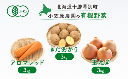 小笠原農園 有機野菜 3種 詰め合わせ きたあかり 3kg アロマレッド 3kg 玉ねぎ 3kg 2025年秋出荷 先行予約 北海道 野菜 芋 じゃがいも にんじん 人参 玉ねぎ たまねぎ セット 野菜セット