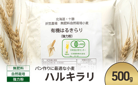 北海道 十勝 幕別 無肥料 自然栽培 パン作りに最適な小麦「ハルキラリ」500g 強力粉[折笠農場]有機JAS[ 小麦粉 小麦 パン 無農薬 国産 オーガニック ]