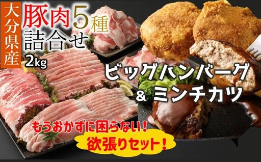 大分県産 豚詰合せ5種類(約2kg)&ビッグハンバーグ(5個)&ミンチカツ(10個)セット〔合計約3.9kg〕