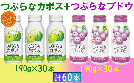 つぶらなカボス30本+つぶらなブドウ30本(計60本・各1ケース)190g / つぶらな つぶらなカボス ブドウ ジュース かぼすドリンク 清涼飲料水 人気 子供 おすすめ 果汁飲料 ご当地ジュース かぼす ぶどう ぶどうジュース 飲料 60本 飲み比べ 詰めあわせ ギフト プレゼント セット 贈答 家庭用 JAフーズおおいた [131-204_6]