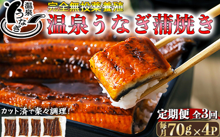 [定期便(毎月)全3回]完全無投薬養殖!大分水産の温泉うなぎ蒲焼(カット)70g×4 九州 [104-801]