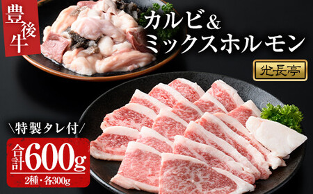豊後牛 カルビ+ミックスホルモンセット 光長亭 特製タレ付(合計600g+250ml)牛肉 お肉 カルビ ホルモン センマイ ハツ 焼肉のたれ[109900200][ショッピングストアー光長]