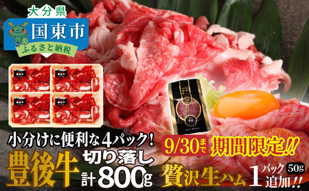 2592R_[期間限定]小分けで便利な4パック!豊後牛切り落し計800g+おおいた和牛の贅沢生ハム50g×1パック