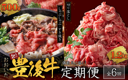 [定期便]偶数月に届く!おおいた豊後牛しゃぶしゃぶすき焼き500gとおおいた豊後牛切り落とし1.2kgセット×6回 D29-S