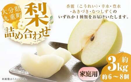 [ご家庭用] 九重町産 梨 詰め合わせ 約3kg (約6〜8個) なし ナシ 香麗 こうれい 幸水 こうすい 豊水 ほうすい あきづき なつしずく 果物 くだもの フルーツ [2025年8月上旬〜9月下旬発送予定]