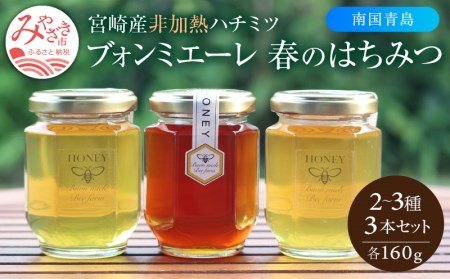 [最速便][数量・期間限定]宮崎産非加熱ハチミツ(南国青島シリーズ)2〜3種 ブォンミエーレ春のハチミツ160g×3本セット 蜂蜜 国産 非加熱