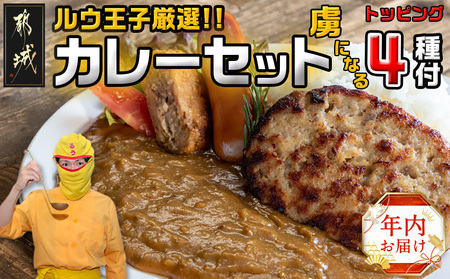 [年内お届け]ルウ王子厳選カレーセット プロが選ぶカレーをも〜っと楽しめるトッピング4種付≪2024年12月20日〜31日お届け≫_MJ-2707-HNY_(都城市) ビーフカレー 10食分 チキン南蛮 豚バーグ メンチカツ チーズフランク 観音池ポーク キャンプ BBQ おかず