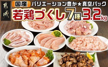 国産若鶏づくし7種セット!総重量3.2kg!_13-L902_(都城市) 国産若鶏 真空 ももみ むねみ ささみ チキンバー むねミンチ 味付手羽元 若鶏塩焼き 高タンパク 低カロリー!