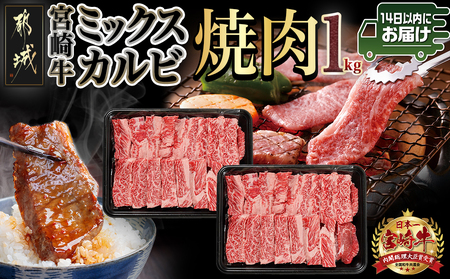 宮崎牛ミックスカルビ焼肉500g×2≪みやこんじょ快速便≫_AC-8916-R_(都城市) 宮崎県産宮崎牛 ミックスカルビ焼肉 ウデ/バラ/肩ロース/モモ いずれか2部位 冷凍配送