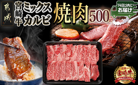 宮崎牛ミックスカルビ焼肉500g≪みやこんじょ快速便≫_14-8902-R_(都城市) 宮崎県産 宮崎牛 ミックスカルビ 焼肉 バーベキュー 赤身 サシ 旨み 風味 食感 ウデ バラ 肩ロース モモ