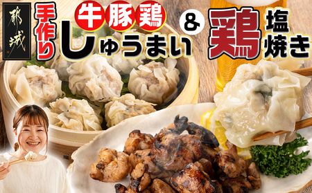 手作り☆牛・豚・鶏しゅうまい&鶏塩焼きセット_AA-L902(都城市) 国産豚/鶏/牛 シュウマイ 手作りしゅうまい 若鶏塩焼き セット 真空パック