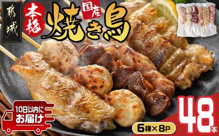 職人串打ちの本格焼き鳥48本!!≪みやこんじょ特急便≫_12-3307-Q_(都城市) 焼鳥串 生冷凍串 冷凍生肉 もも 皮 手羽 小肉 砂肝 ぼんじり ねぎま ハラミ せせり つくね 6本入り 8P 計1.6kg BBQ