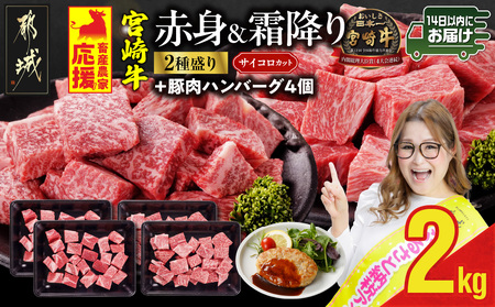 畜産農家応援! 宮崎牛サイコロステーキ2種セット500g×4パック+豚肉ハンバーグ100g×4個≪みやこんじょ快速便≫_32-N204-R-ESH_(都城市) 黒毛和牛 赤身 霜降り 肩ロース ウデモモ 2kg ギフト 贈答用