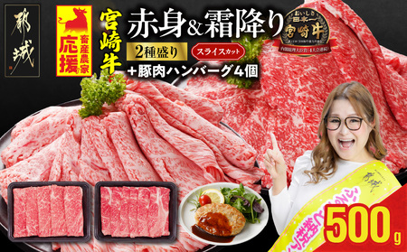 畜産農家応援! 宮崎牛スライス2種セット250g×2パック+豚肉ハンバーグ100g×4個_13-N201-ESH_(都城市) 宮崎県産宮崎牛 肩ローススライス 宮崎牛ウデ又はモモスライス すき焼き しゃぶしゃぶ