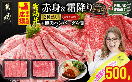 畜産農家応援! 宮崎牛スライス2種セット250g×2パック+豚肉ハンバーグ100g×4個≪みやこんじょ快速便≫_13-N201-R-ESH_(都城市) 宮崎県産宮崎牛 肩ローススライス 宮崎牛ウデ又はモモスライス すき焼き しゃぶしゃぶ