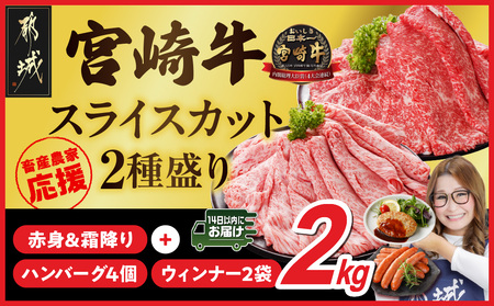 畜産農家応援! 宮崎牛スライス2種セット500g×4パック+豚肉ハンバーグ&ウィンナー≪みやこんじょ快速便≫_32-N201-R-ESHW-CF_(都城市) 赤身 霜降り 宮崎県産 宮崎牛 肩ロース ウデ又はモモ 牛肉 すき焼き キャンペーン