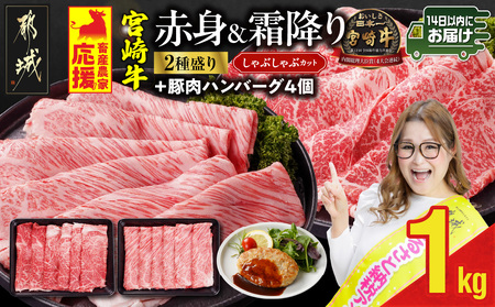 畜産農家応援! 宮崎牛しゃぶしゃぶ2種セット500g×2パック+豚肉ハンバーグ100g×4個≪みやこんじょ快速便≫_17-N203-R-ESH_(都城市) 1kg 赤身 霜降り 黒毛和牛 肩ロース ウデモモ しゃぶしゃぶ用 キャンペーン