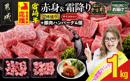 畜産農家応援! 宮崎牛サイコロステーキ2種セット500g×2パック+豚肉ハンバーグ100g×4個≪みやこんじょ快速便≫_17-N204-R-ESH_(都城市) 牛肉 黒毛和牛 赤身 霜降り 肩ロース ウデモモ 1kg ミヤチク ギフト 贈答用